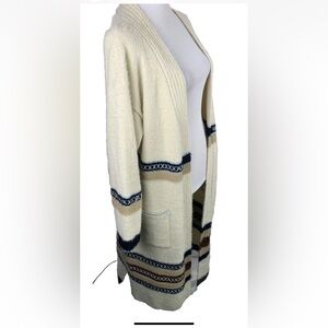 THML Longline Open Cardigan coatigan Sweater cream Fuzzy Boho Pockets Embroidery